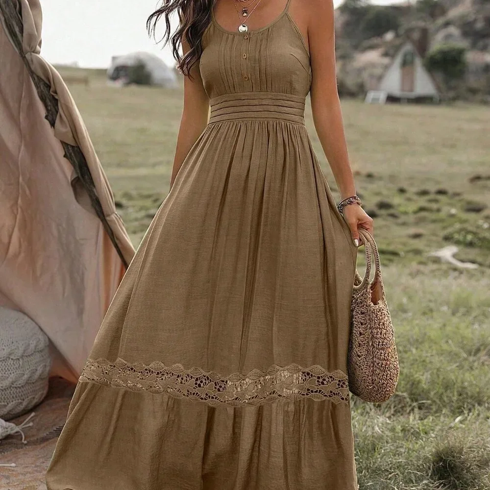 Khaki Casual Women's Contrast Lace Ruffle Hem Cami Maxi Sundress - Picture 3 of 5